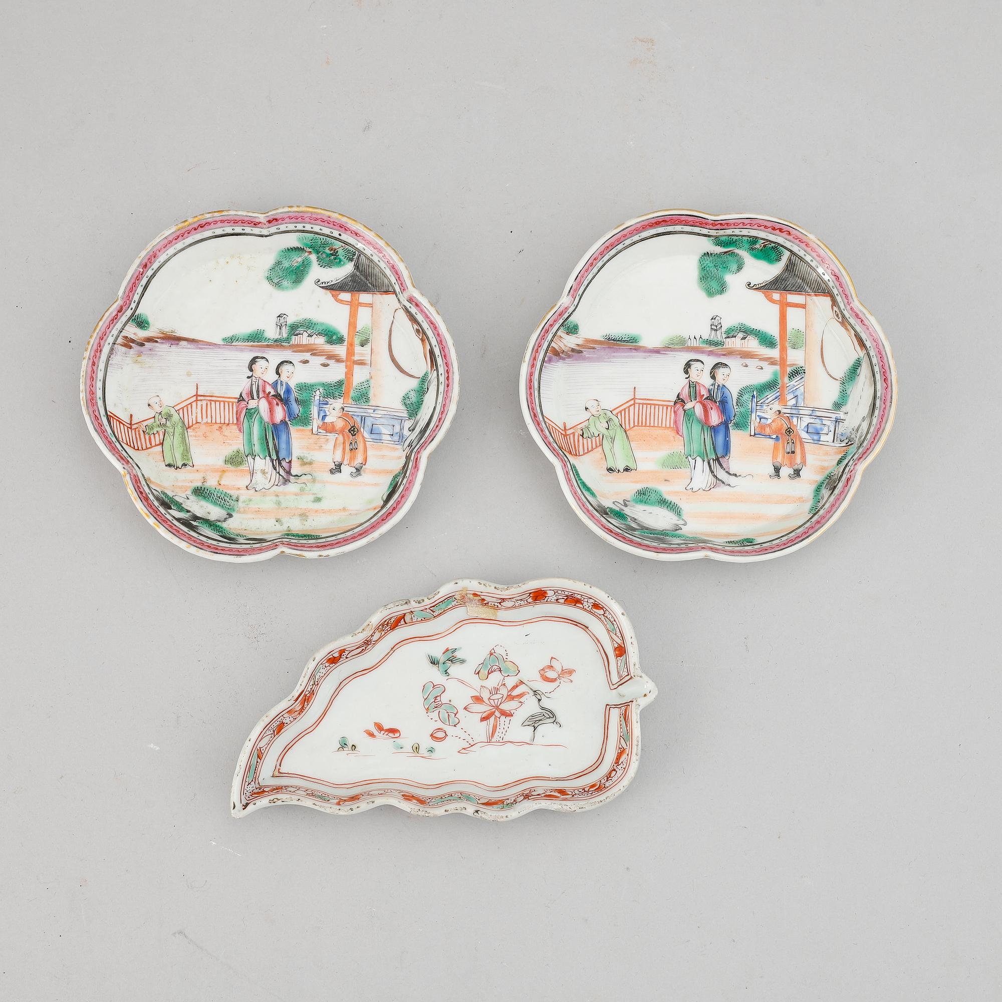 Skedfat, tre stycken, kompaniporslin. Qing dynastin, Qianlong (1736-95).