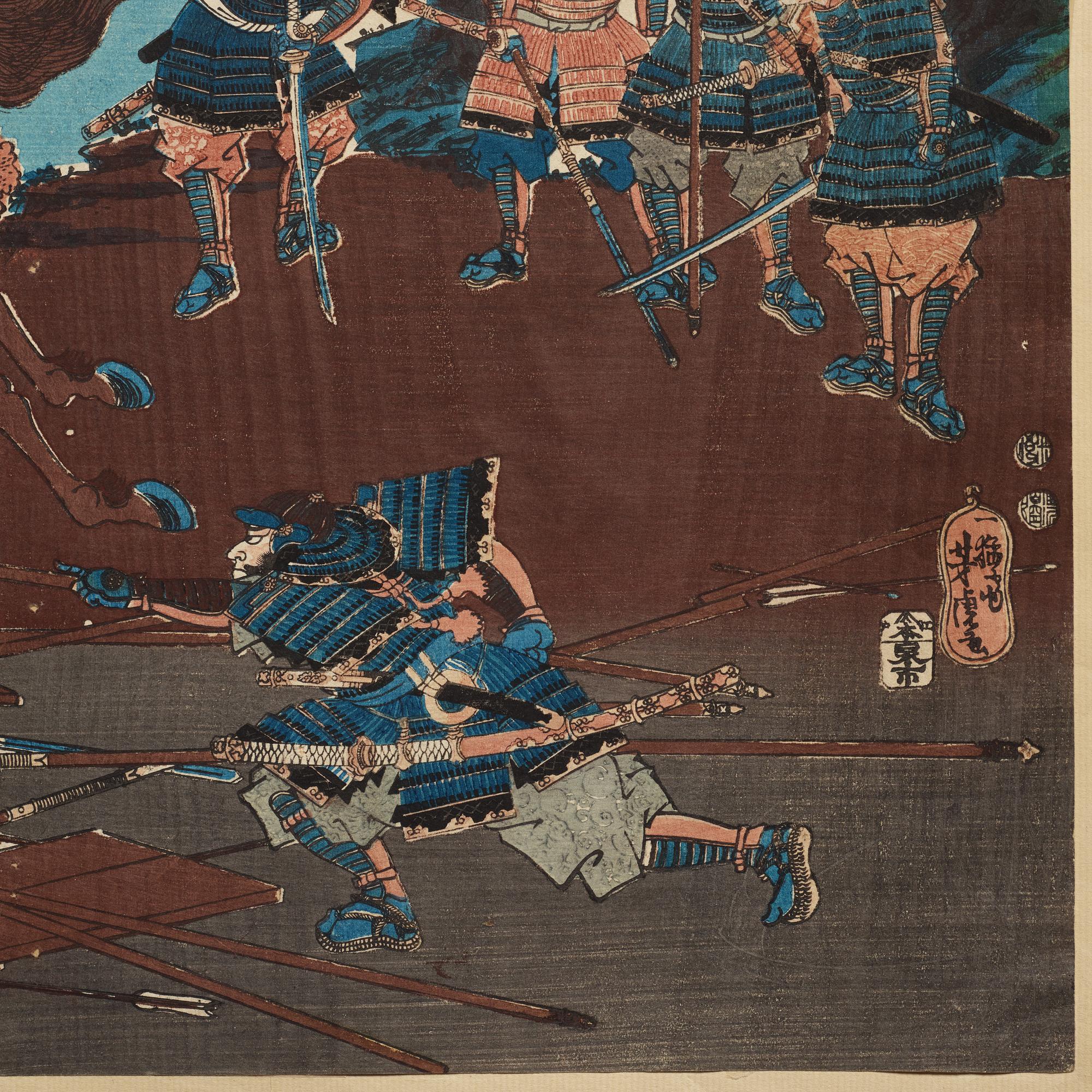 UTAGAWA YOSHITORA, two coloured woodblock prints, triptych, Japan, late 19th century.