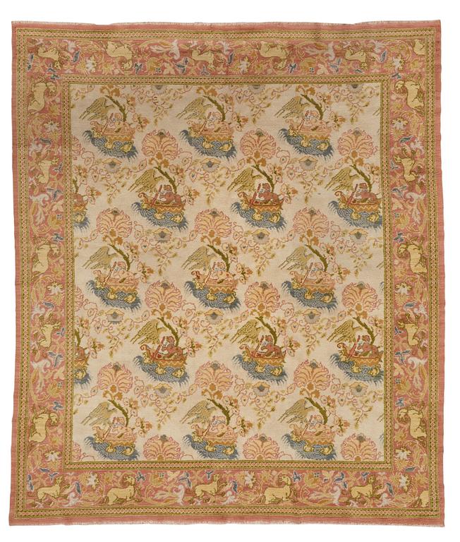 Matta, semiantik Spansk, sannolikt Madrid, ca 289,5-293 x 251-254 cm (samt kortsidorna med ca 1-2 cm slätväv).