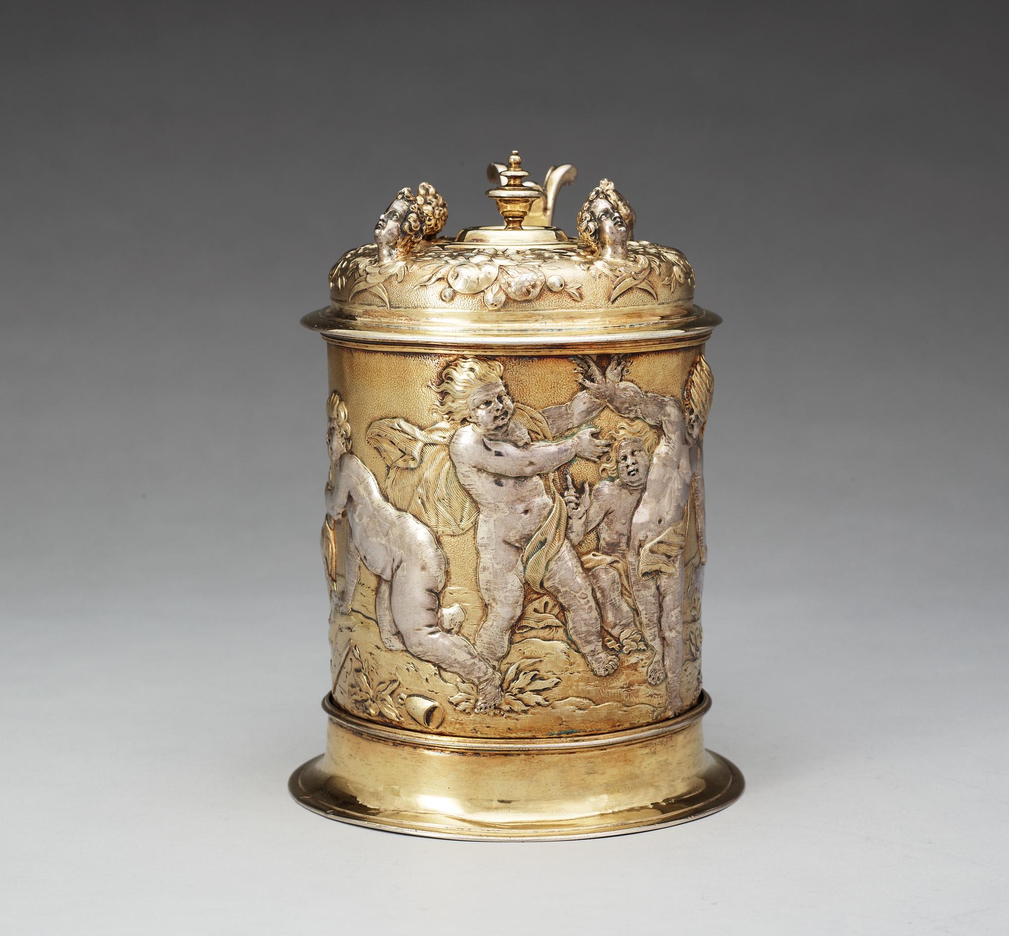 An important German 17th century parcel-gilt tankard, makers mark of Abraham Drentwett I, Augsburg 1645-1650.