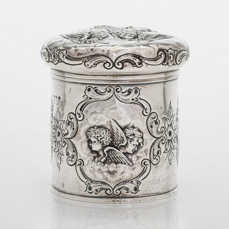 Sterling silver jam spoon, London 1802, and box, Birmingham 1901, and a Danish silver bowl, 1918.