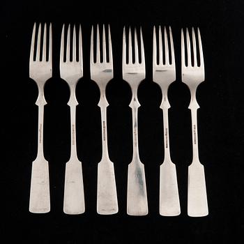 BESTICK, 6+6, silver, "Musslan", Helsingfors 1938. Knivbladen stål. Sammanlagd vikt ca 716 g.