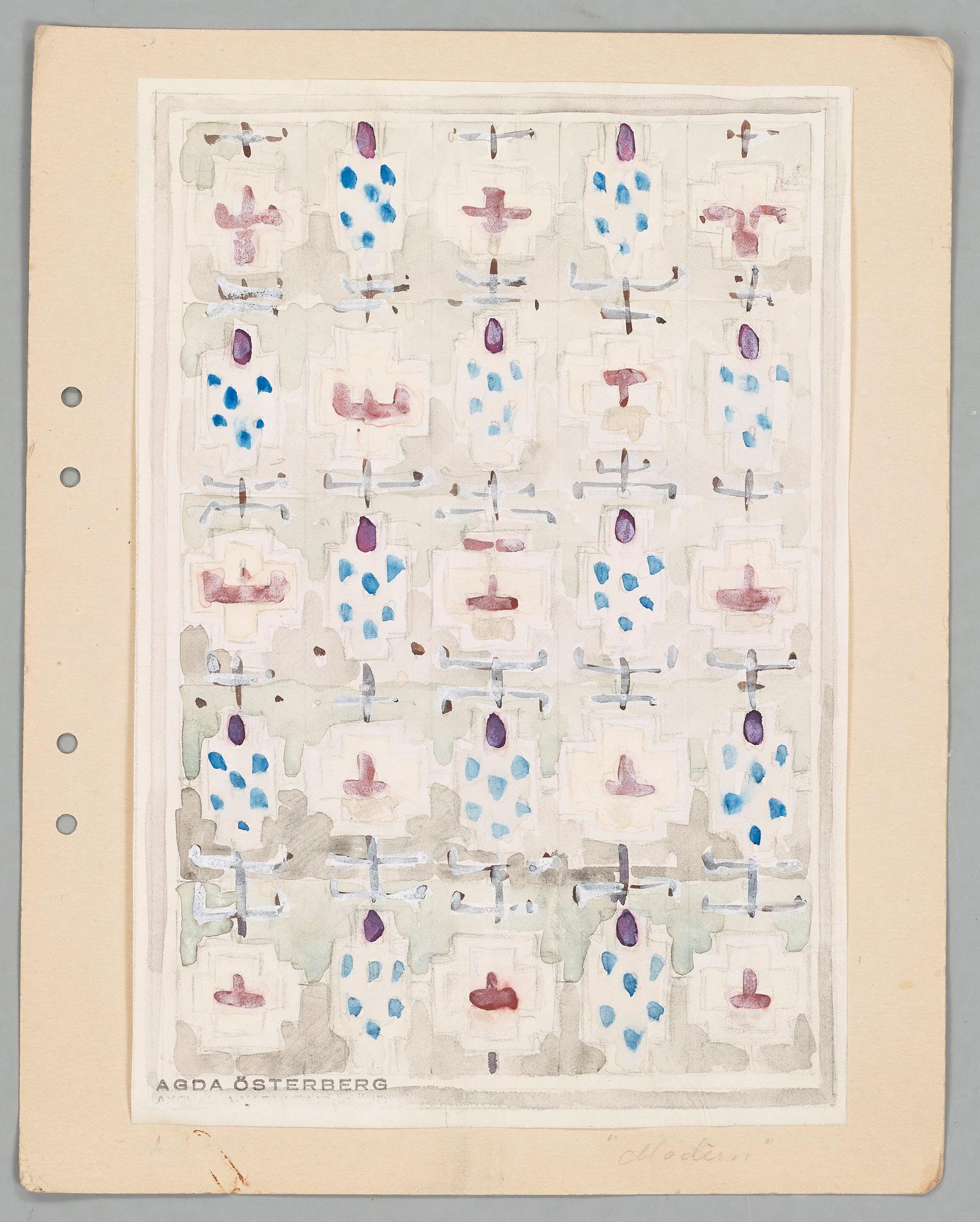 CARPET SKETCHES, 4 sheets. Watercolour and graphite. Three by Agda Österberg and one by Astrid Nyström.