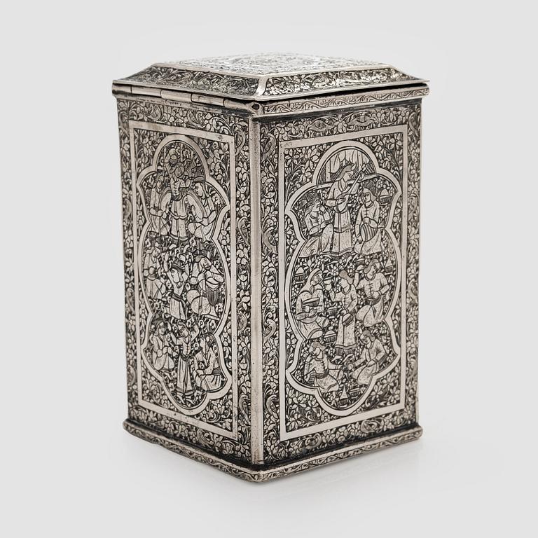 A Persian silver tea caddy, first half of the 20th century.