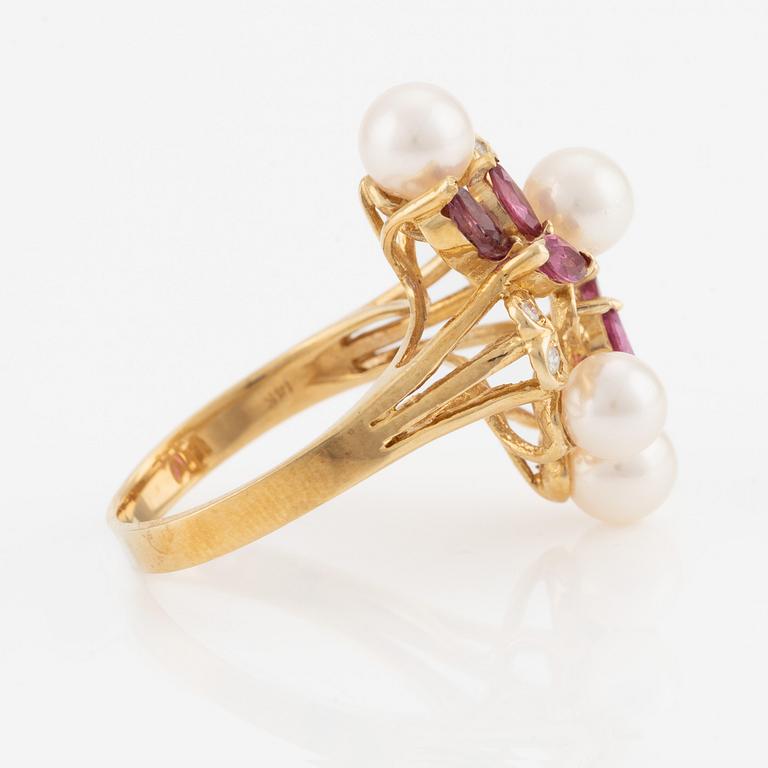Ring, 14K gold with pearls, small diamonds, and red stones likely pink sapphires.