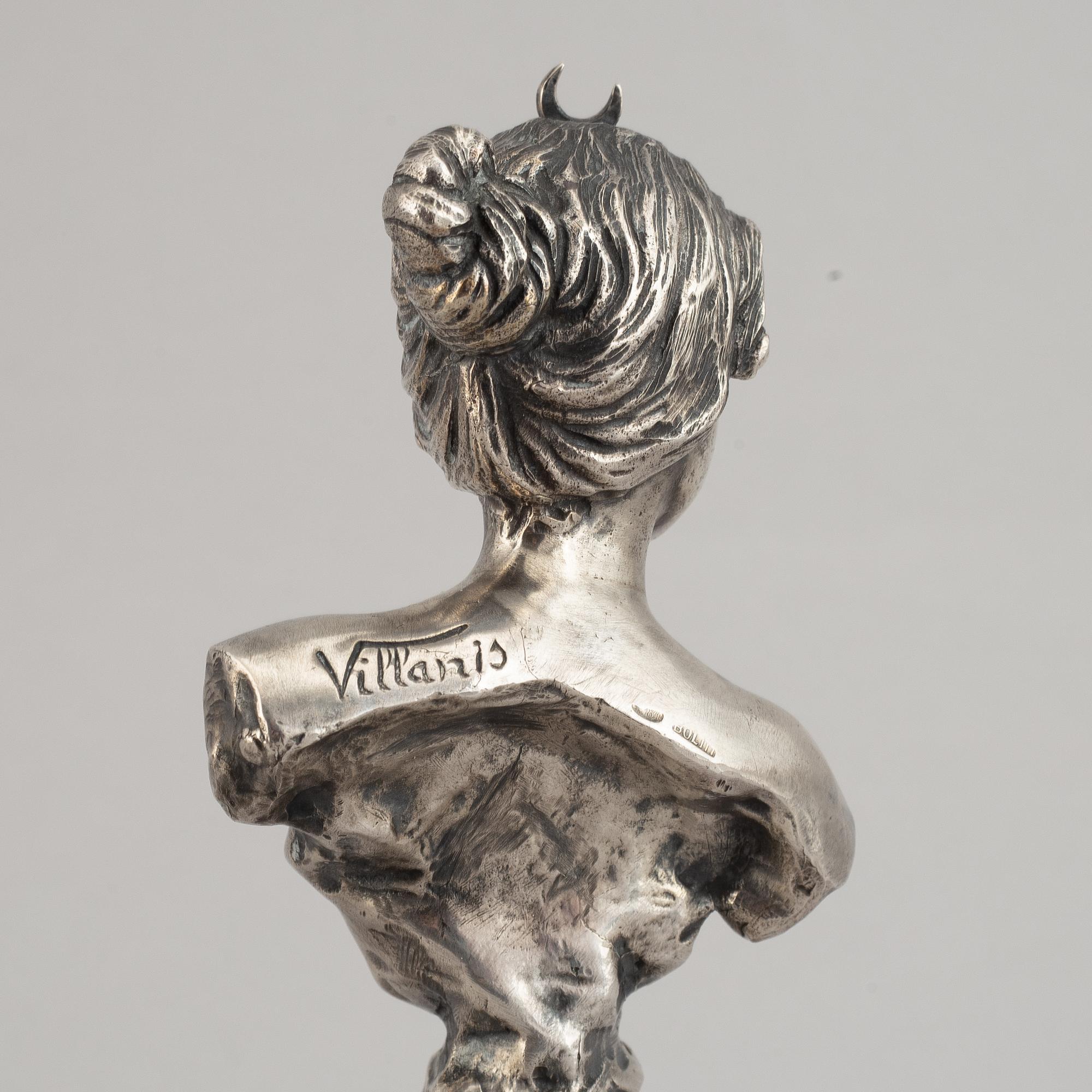 A Russian silver sculpture of Diane, marked Villanis and Bolin, St. Petersburg 1908-1917.