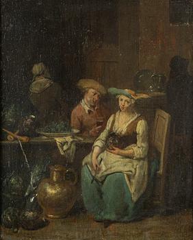 Jan Baptist Lambrechts, tillskriven, Interiör med köksarbetande kvinna och vindrickande man.