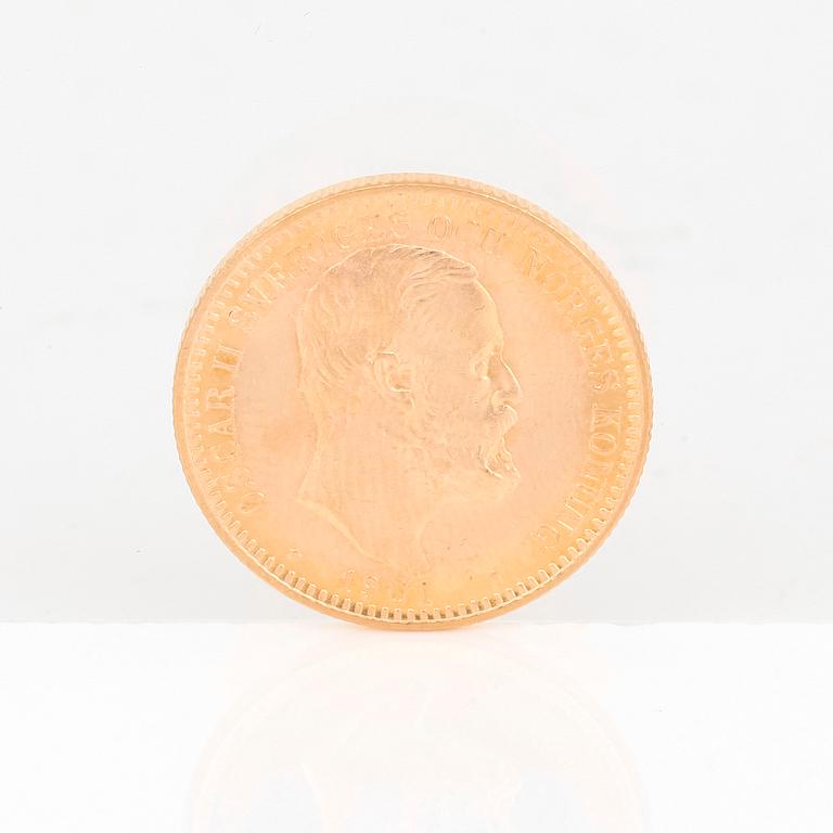 GULDMYNT, 20 kronor, Oscar II av Sverige och Norge 1901. Vikt ca 9 gram.