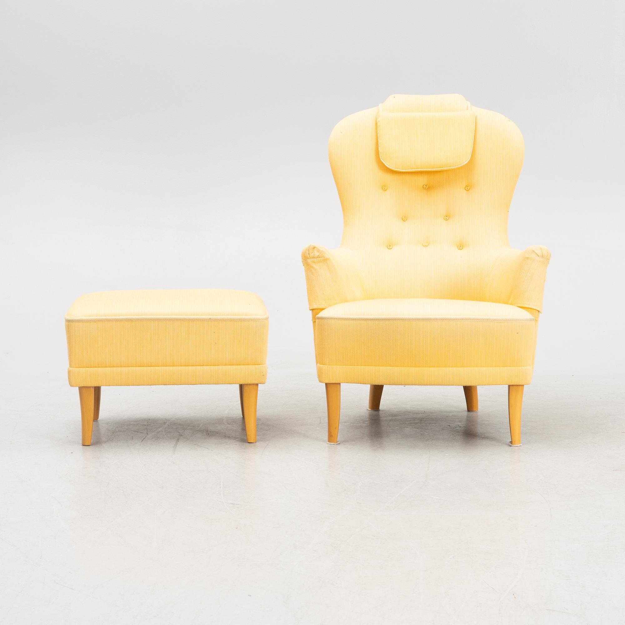 Carl Malmsten, fåtölj med fotpall, "Farmor". O.H. Sjögren.