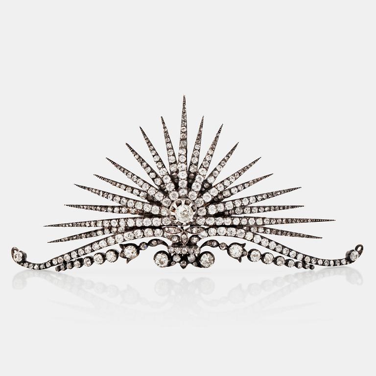 An old- and rose-cut diamond tiara, possibly made by Fabergé. Fitted case signed Fabergé.