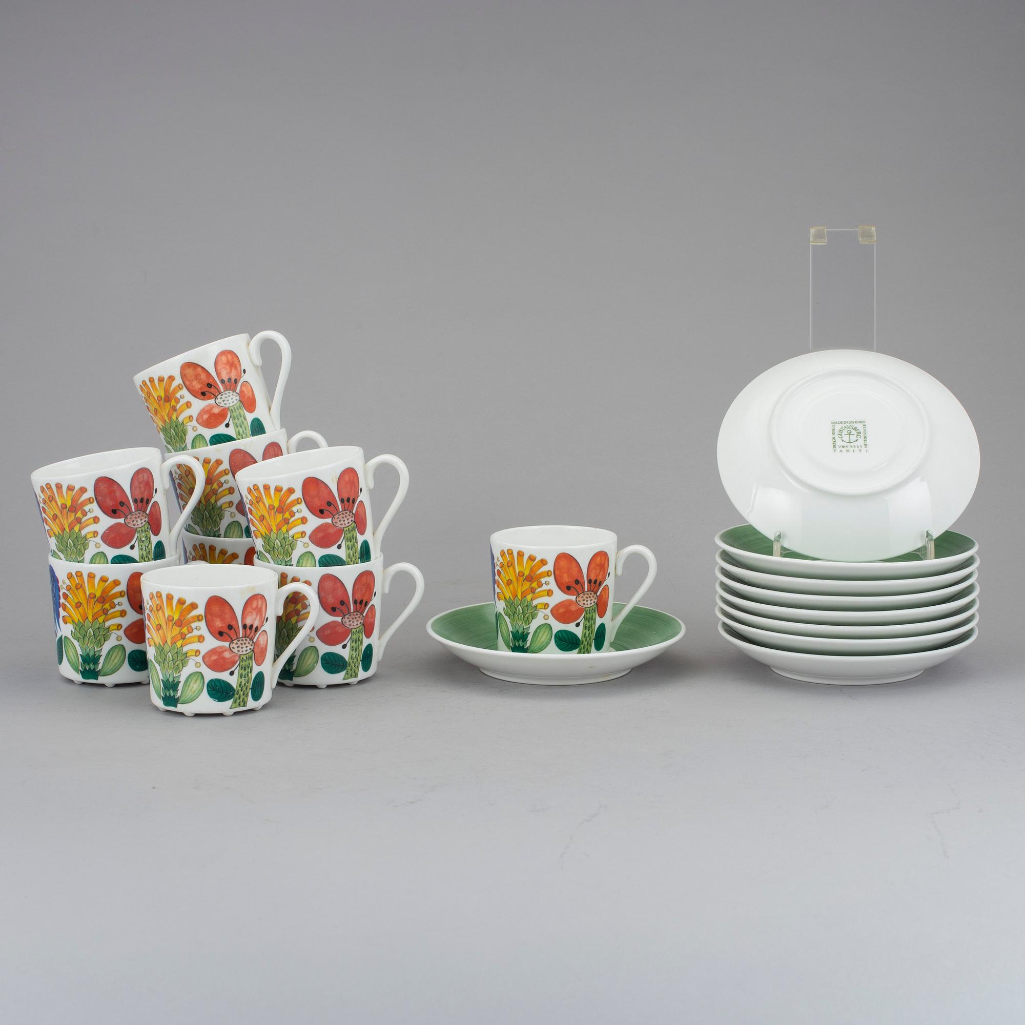 STIG LINDBERG, Gustavsberg "Tahiti". Kaffekoppar med fat, 9 st. 1970-tal.