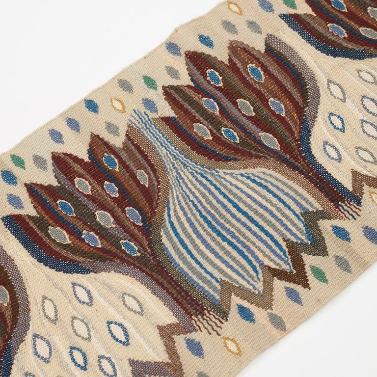 Ann-Mari Lindbom, gift Forsberg, A textile, "Blå crocus", a tapestry variant, ca 32-33 x 93-94 cm, signed AMF.