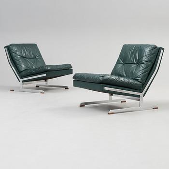 A pair of Poul Nørreklit chromed steel and green leather easy chairs, Selectform, Denmark 1960's.