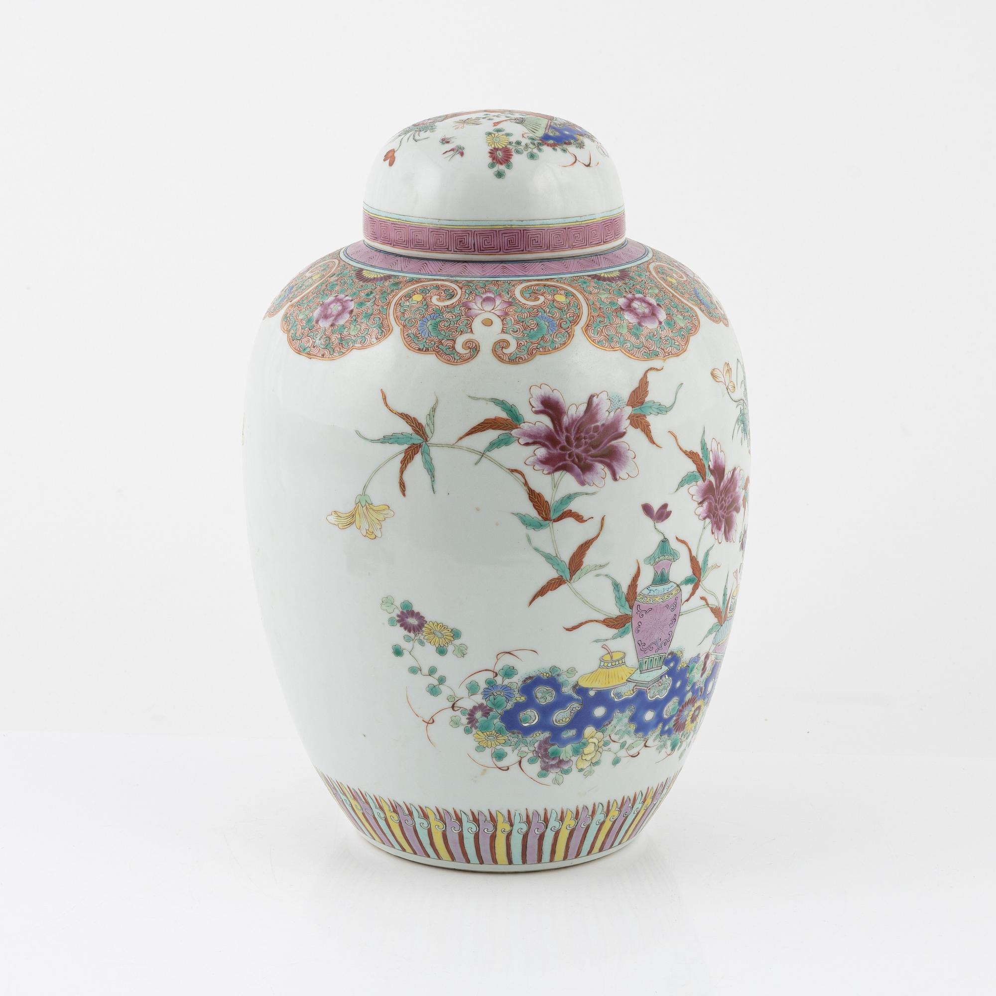 A large famille rose jar and two dishes, China, 20th Century.