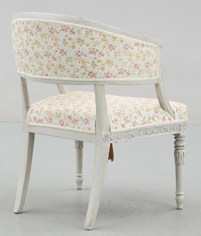 BALJFÅTÖLJ, sengustaviansk provins, brännmärkt IAS, troligen Johannes Andersson i Lindome, tidigt 1800-tal.