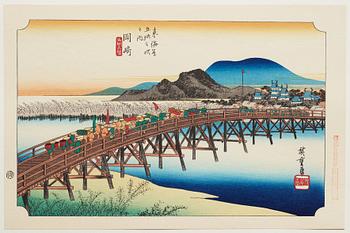 ANDO HIROSHIGE, senare avdrag, mapp, "The fifty-three stations on the tokaido", utgiven av Kata Hanga Kenkyujo.