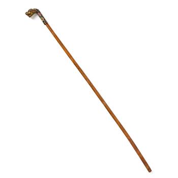 976. A Chinese bamboo walking cane with a cloisonné handle, late Qing dynasty/early 20th Century.