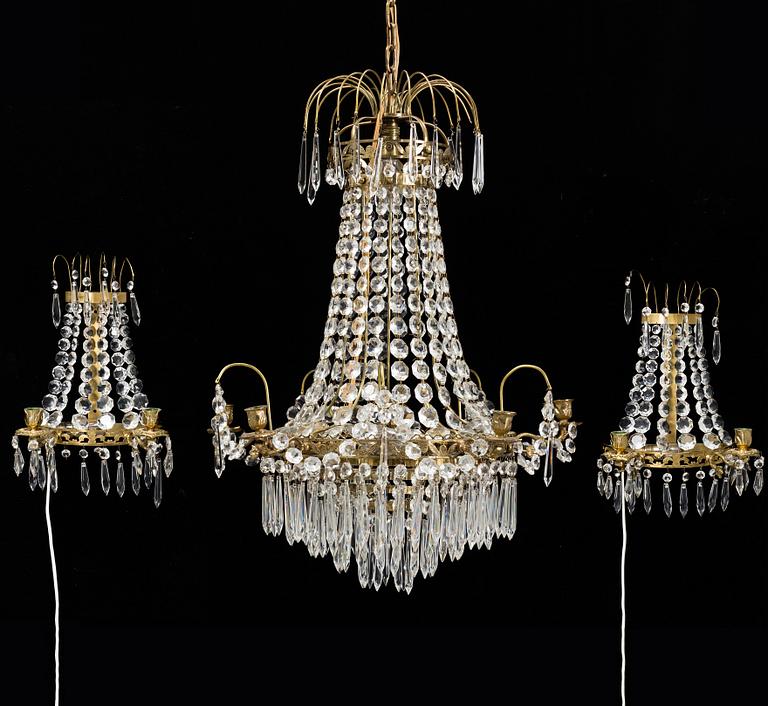 A five light candelabra and two wall scones, Gustavian style, 20th Century.
