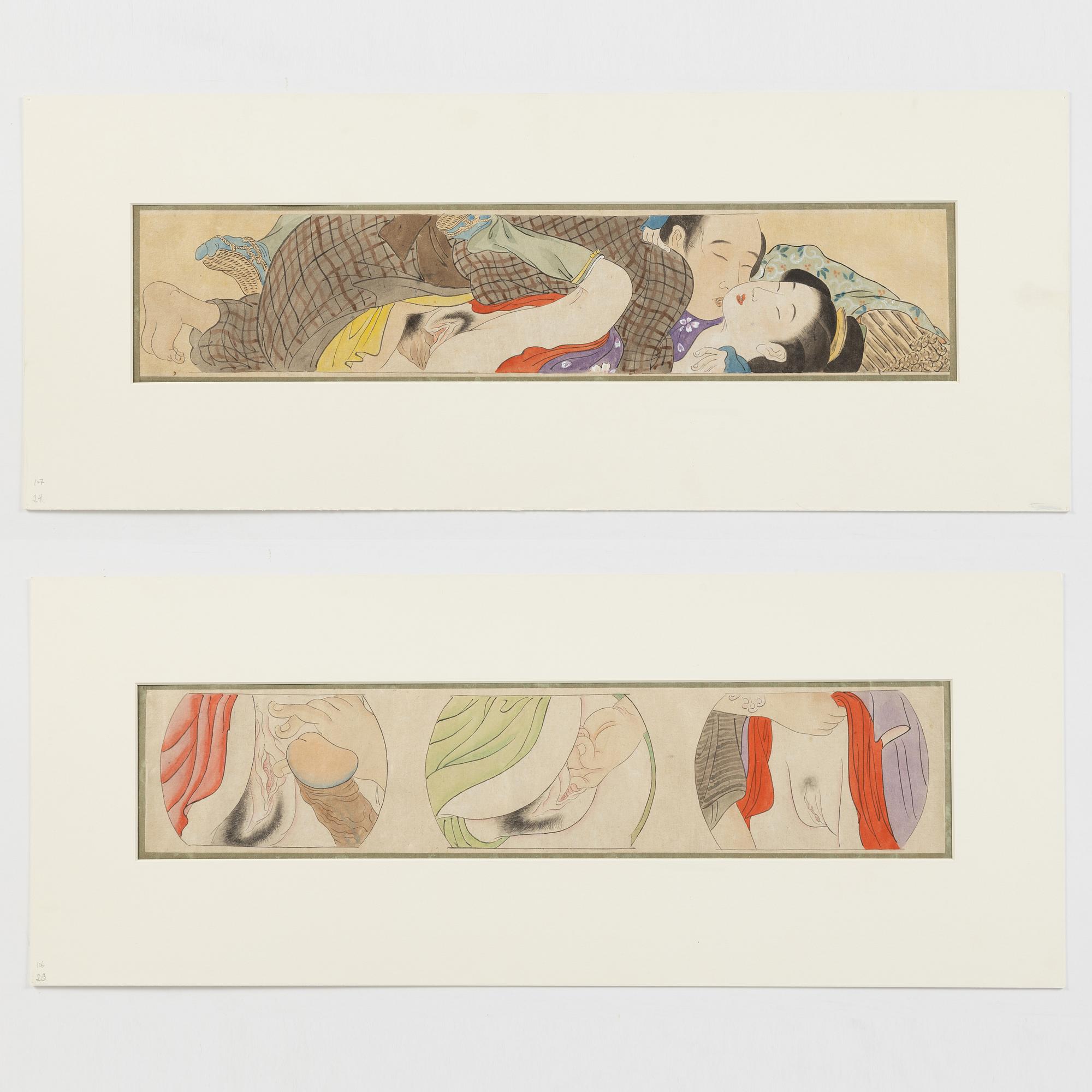 A set of 11 Shunga paintings by a Japanese artist, Meiji period (1868-1912).