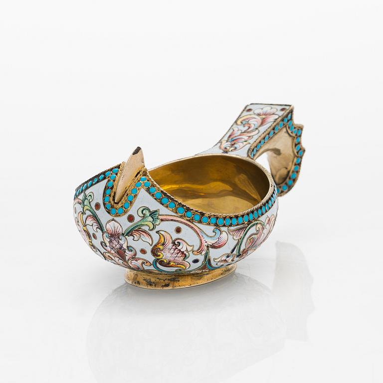 A gilt silver cloisonné enamel kovsh, unidentified Cyrillic maker's mark IGT, Moscow  1898-1914.