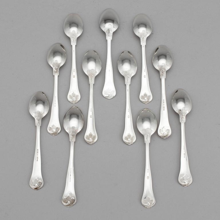 KAFFESKEDAR, 11 st, silver, "Sachsisk", Cohr och Mema,  sent 1900-tal. Vikt 150 gram.