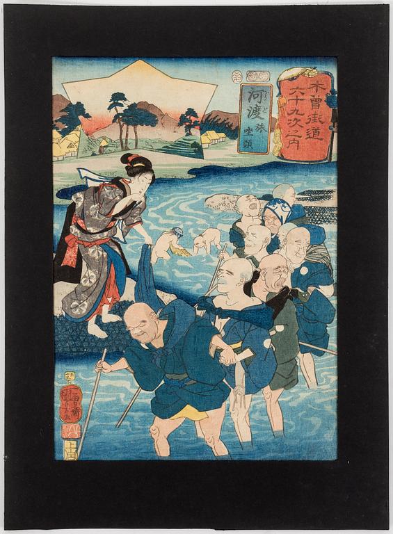 Eight UTAGAWA KUNIYOSHI (1797/98-1861) colour woodblock prints, from 'Sixty-nine stations of Kisokaido Road'.