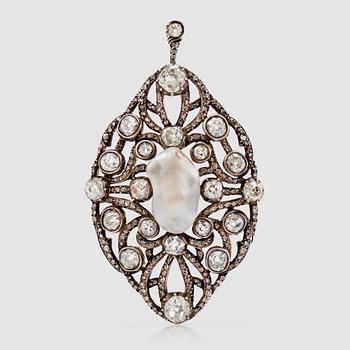 1150. An old-cut diamond and possibly natural baroque pearl brooch/pendant. Total carat weight of diamonds circa 7.00 cts.