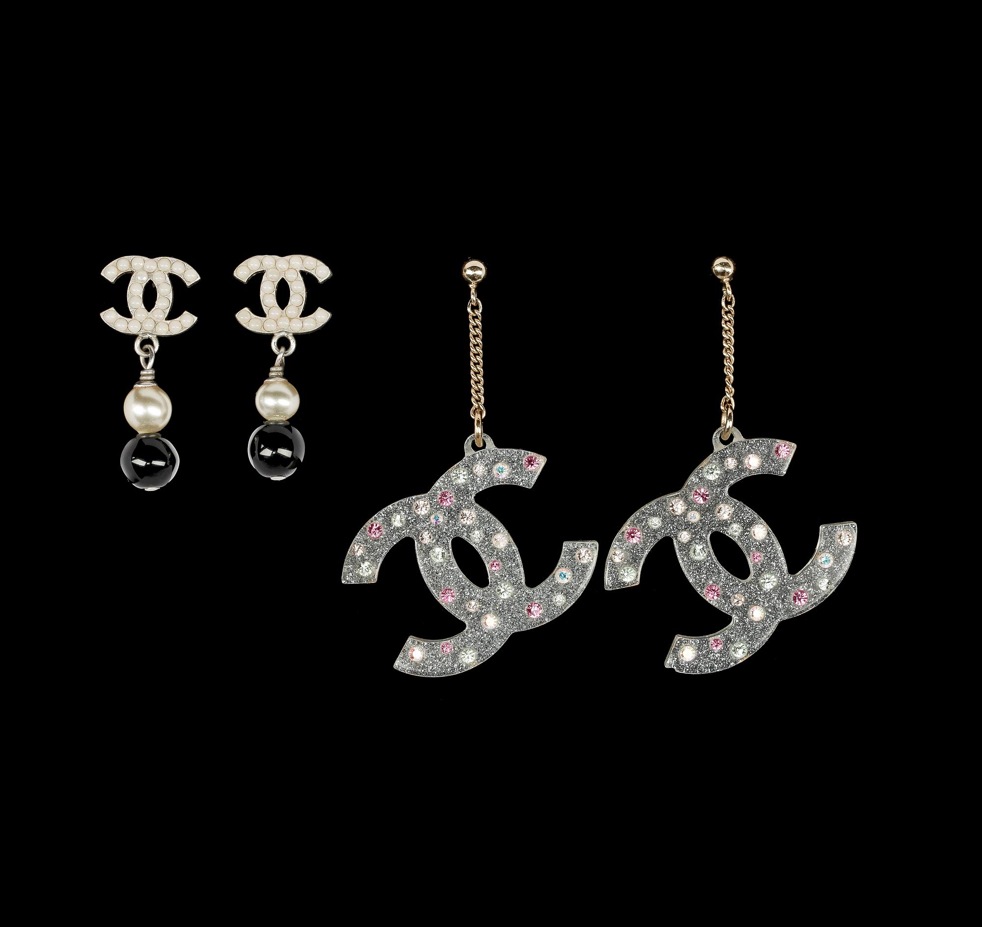 Two pair of earrings by Chanel, fall 2004.
