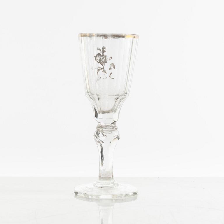 A set of two wineglasses and a small glass, 18th century.