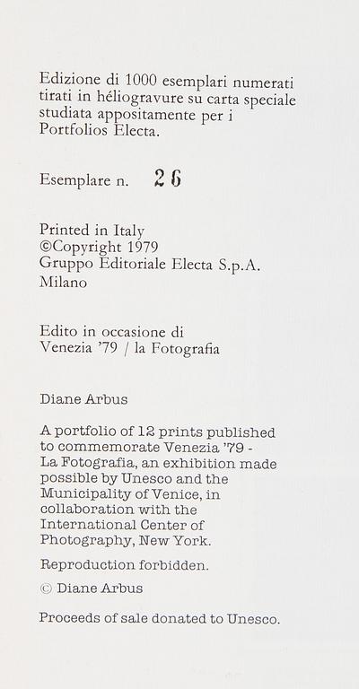 DIANE ARBUS, Portfolio with 12 heliogravures published by Electa in 1979. Numbered 26/1000.