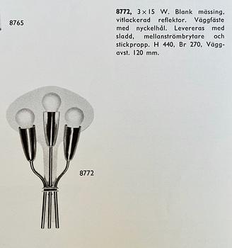 Harald Notini, a pair of wall sconces, model "8772/3", Arvid Böhlmarks Lampfabrik, Sweden 1950s.