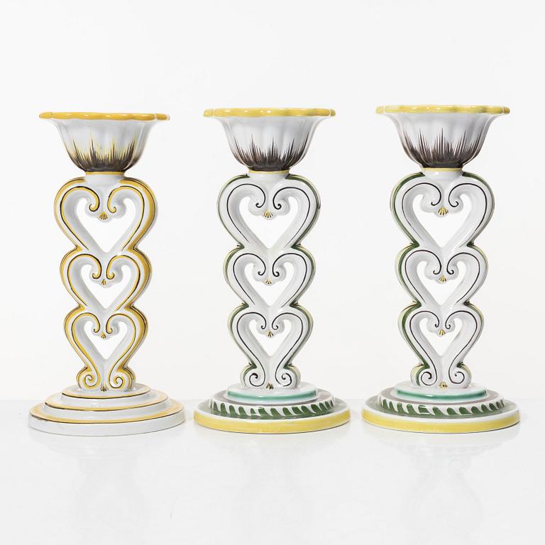 Arthur Percy, three 'Tre hjärtan' candlesticks, Gefle.