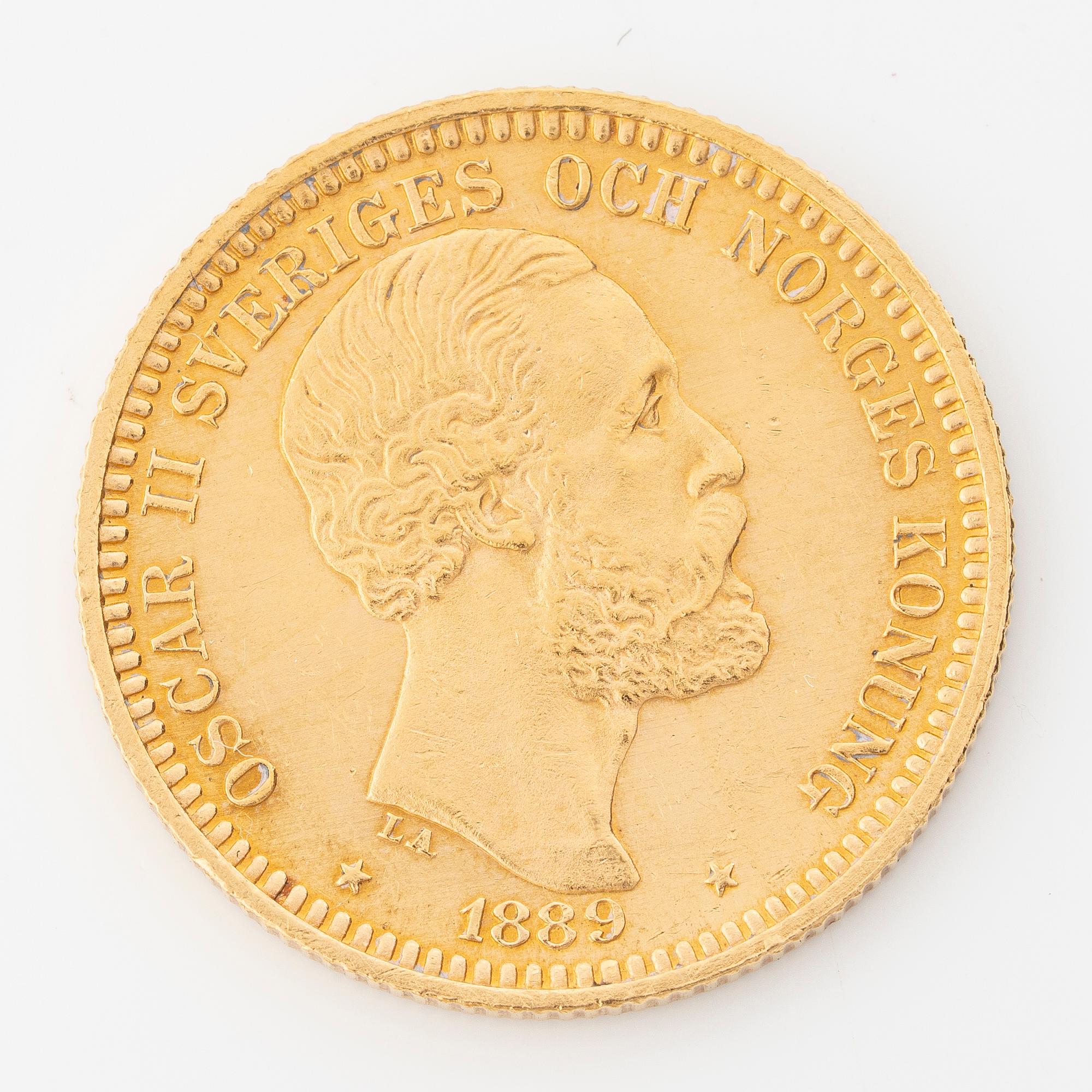 Gold coin, Oscar II 20 kronor, type III, Sweden 1889.