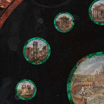 An Empire-style mahogany table with a pietre dure, micromosaic and specimen marble top, mid 19th century.