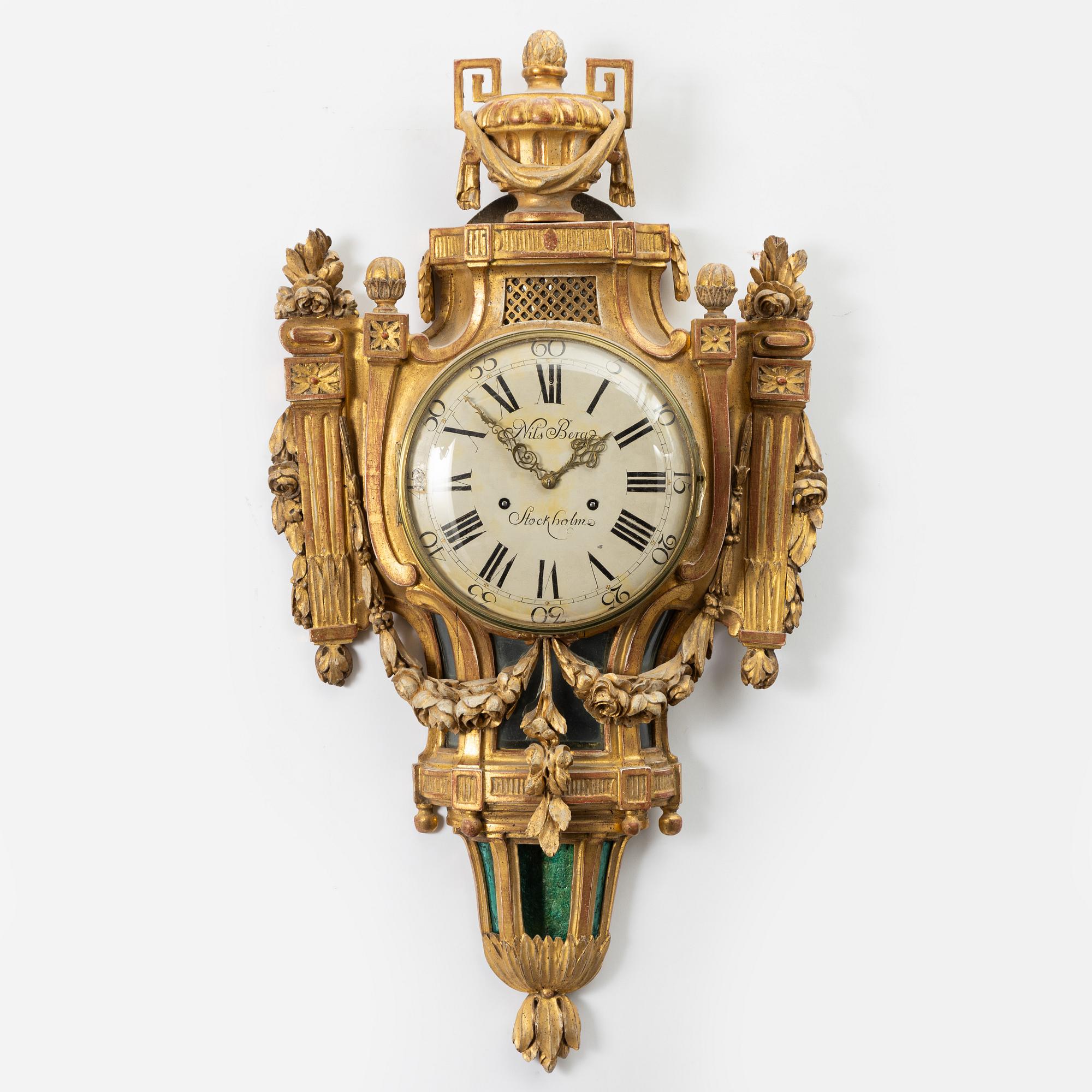 Väggpendyl, av Nils Berg (verksam i Stockholm 1751-94), Gustaviansk.