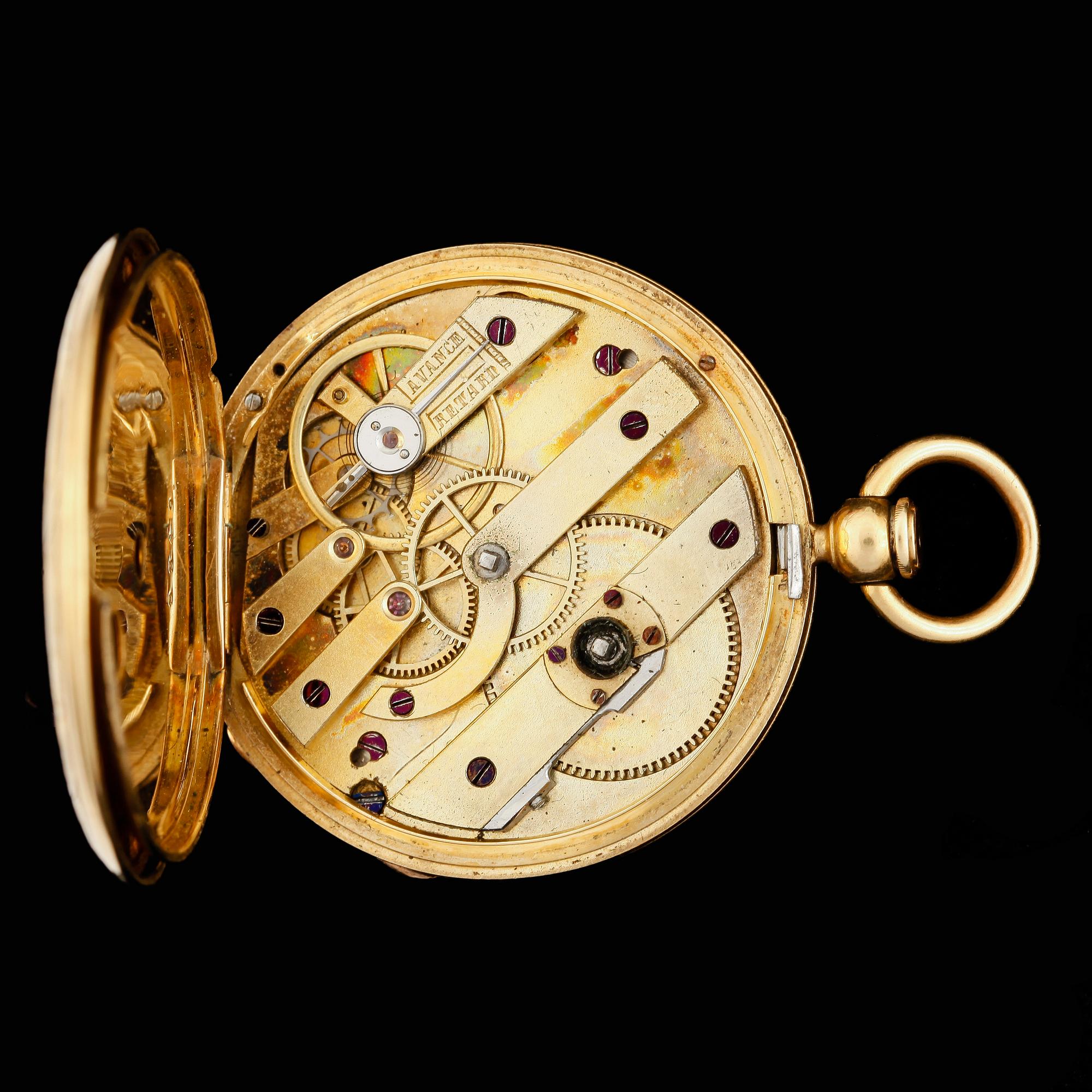 DAMFICKUR, guld 18k, Moulinié ainé, Geneve 1800-tal. Tot ca 34 gram.