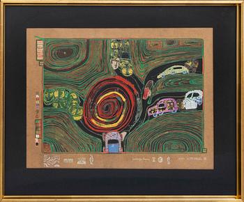 Friedensreich Hundertwasser, serigraoh in colours with metal embossing and glass dust, numbered 1649/3000.