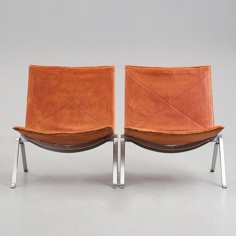 Poul Kjaerholm, a pair of "PK-22" steel and brown leather easy chairs, edition E Kold Christensten, Denmark 1960's.