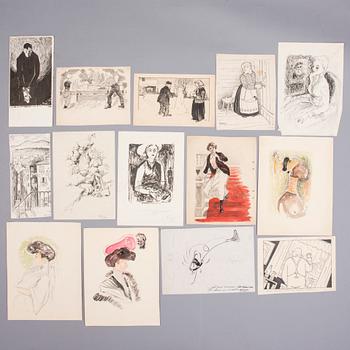 Illustrationer, teckningar och akvareller, 14 st, en del signerade.