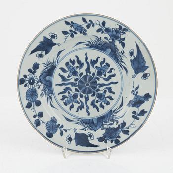 Two blue and white jars with covers and a plate, Qing dynasty, 18th century.