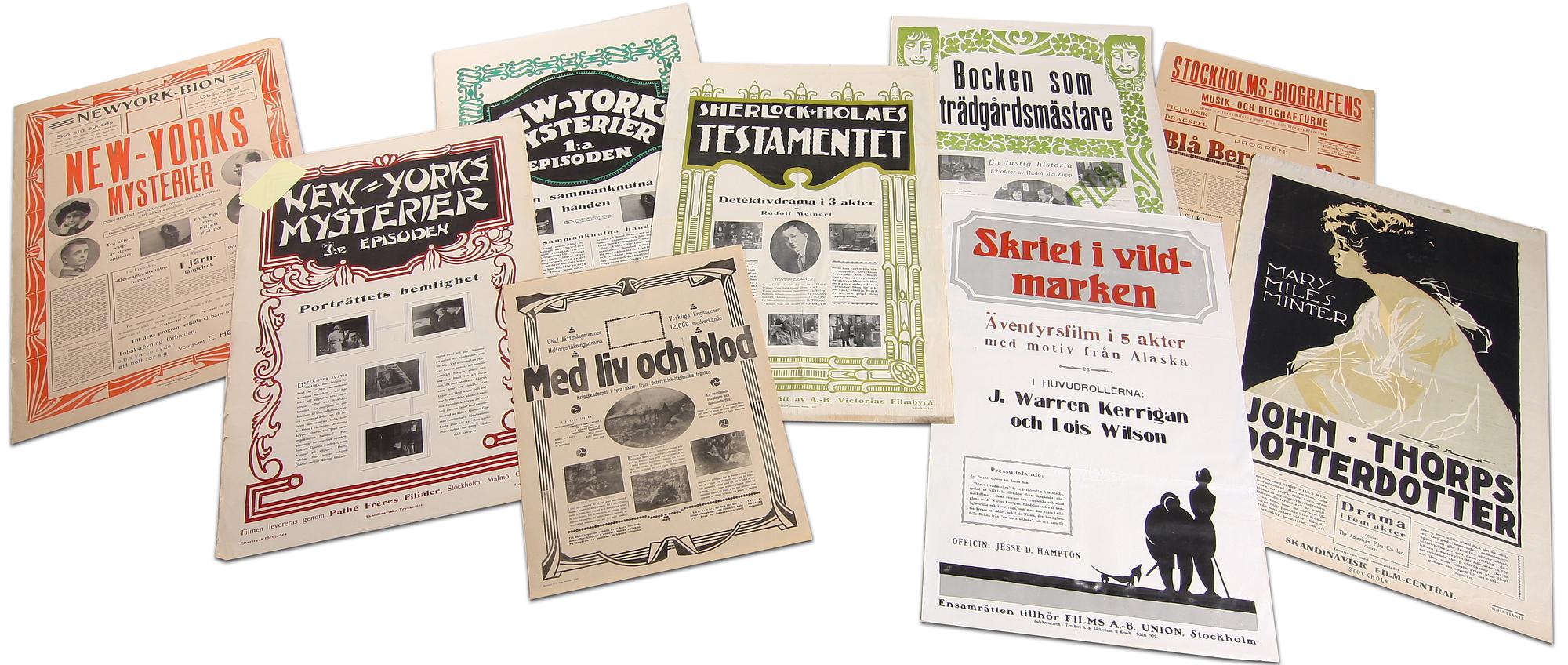 AFFISCHER, 8 st, tryck, stumfilmer bla "Skriet i vildmarken" samt "Med liv och blod", 1916-1920.