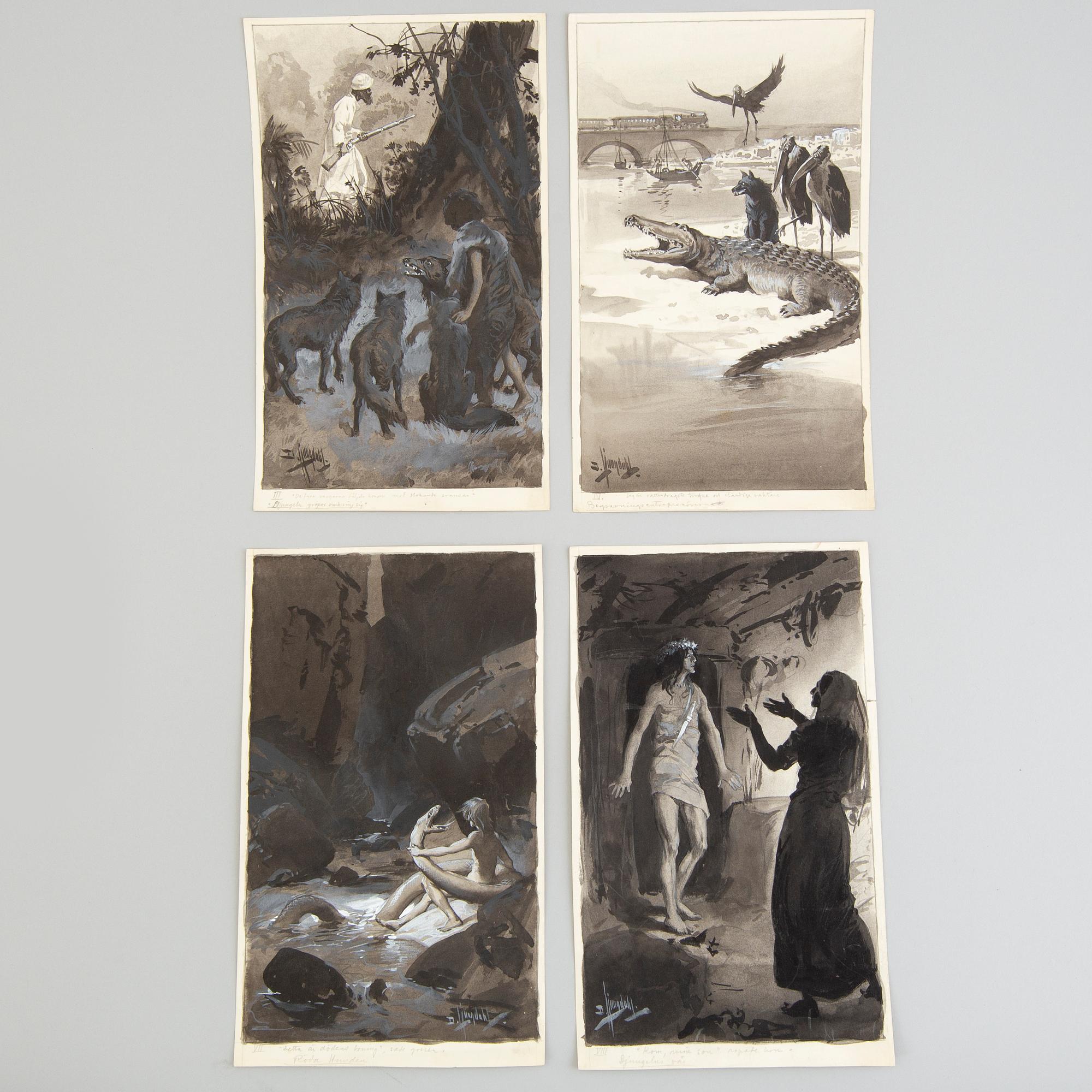 DAVID LJUNGDAHL, illustrationer, 8 st, tusch och täckvitt, signerade D. Ljungdahl. "Den andra djungelboken".