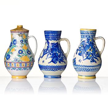 A group of seven European faiance and earthenware pitchers, partly France and Italy 19th century.