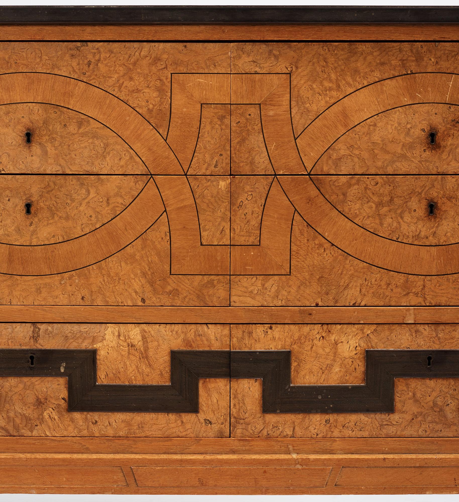 Carl Bergsten, an oak veneered sideboard/ chest of drawers, Nordiska Kompaniet Sweden 1923. Part of a set exhibited in Gothenburg 1923.