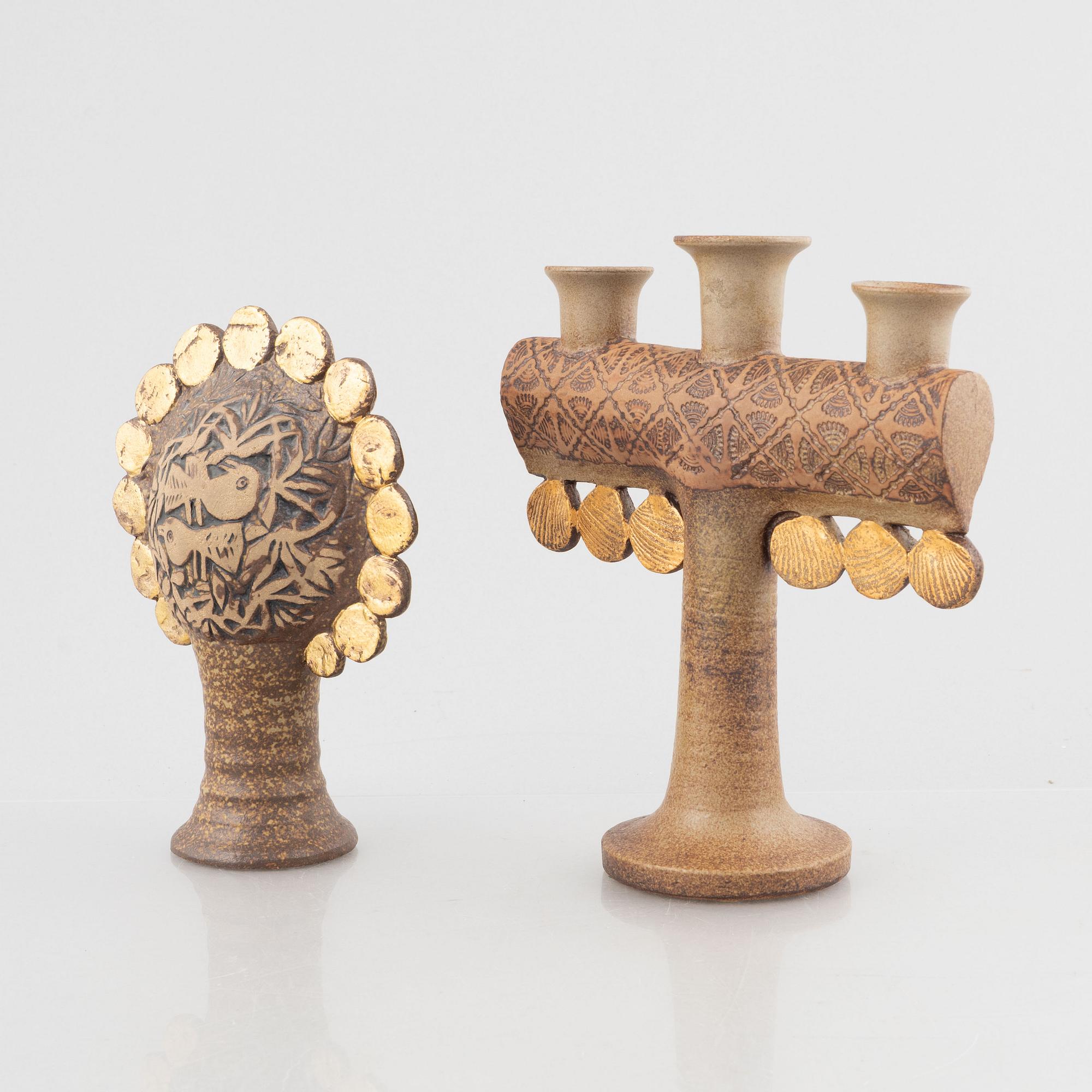 Lisa Larson, figurin, "Guldträd" och ljusstake, "Medaljong", stengods, Gustavsberg.