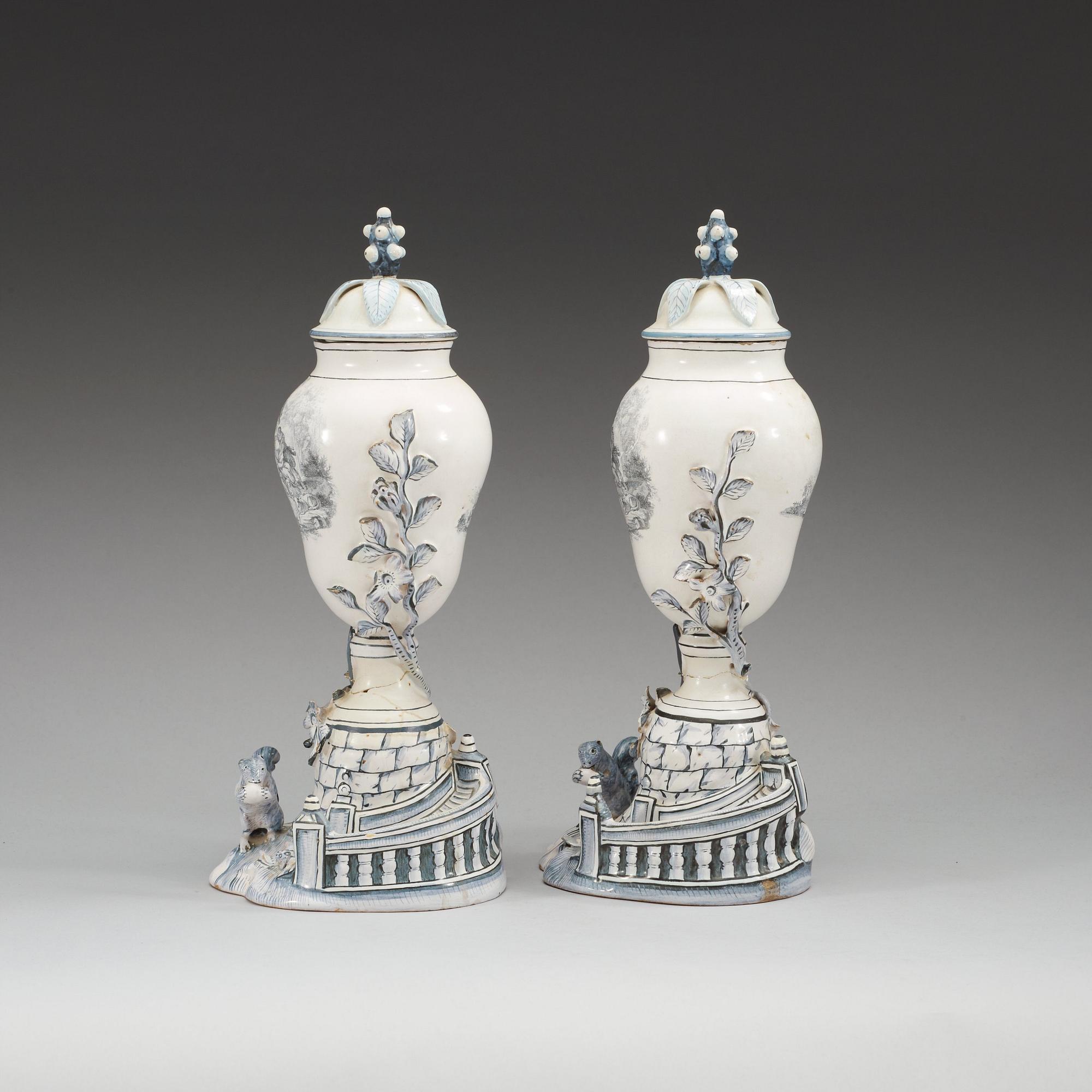 A pair of Swedish Marieberg faience vases with covers, 18th Century.