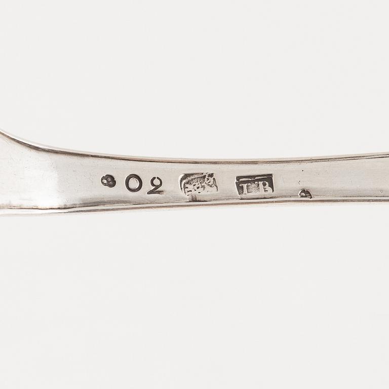 Skedar, 8 st, silver, bl.a. Stephan Westerstråhle, Stockholm 1794.