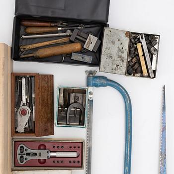 Watchmaking tools and spare parts, including a lathe by Lorch.