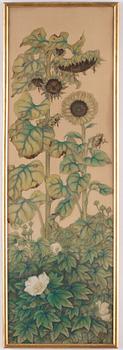 A Silk painting of sunflowers by unidentified artist, early 20th Century.