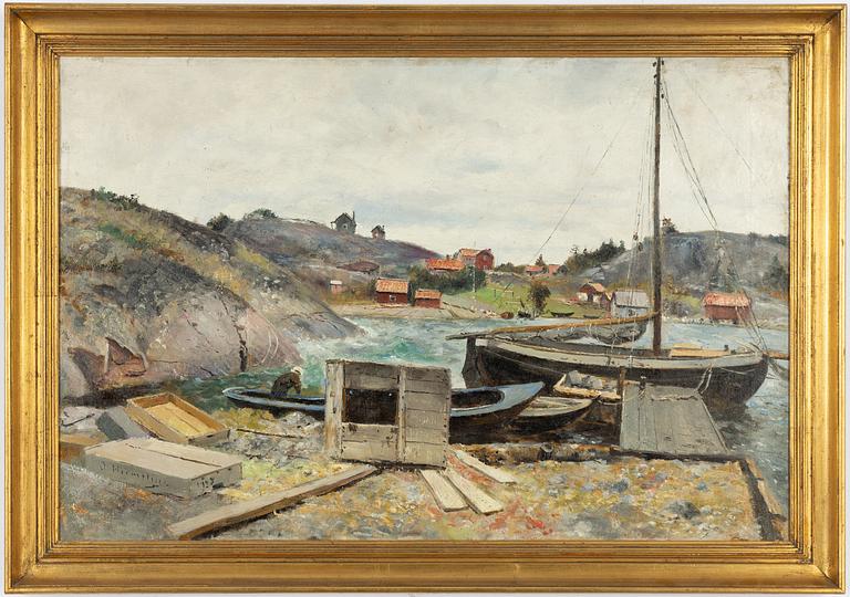 Olof Hermelin, Kustsamhälle med figur vid båtar.